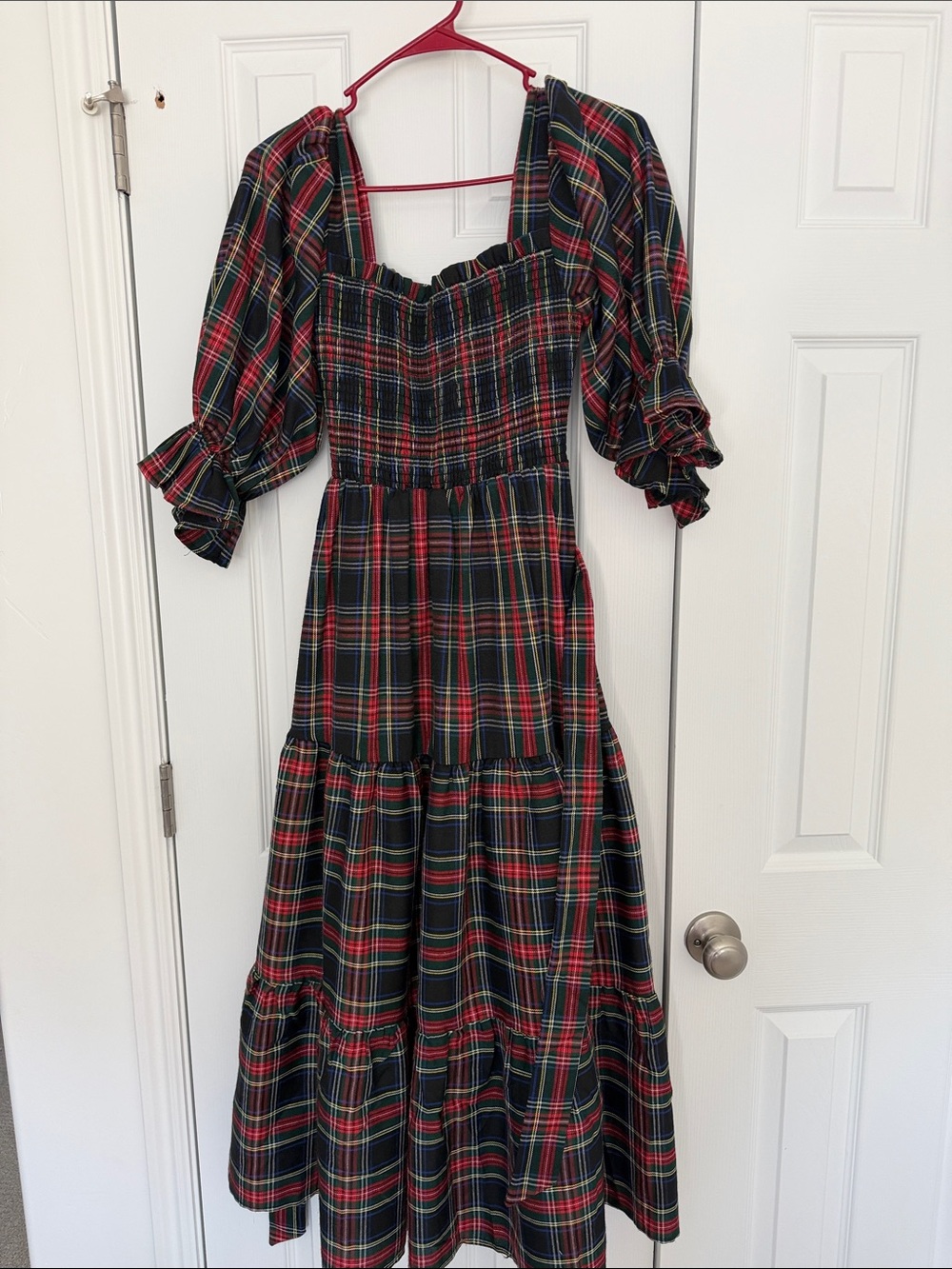 Aura Red and Green Plaid Tiered Maxi Dress